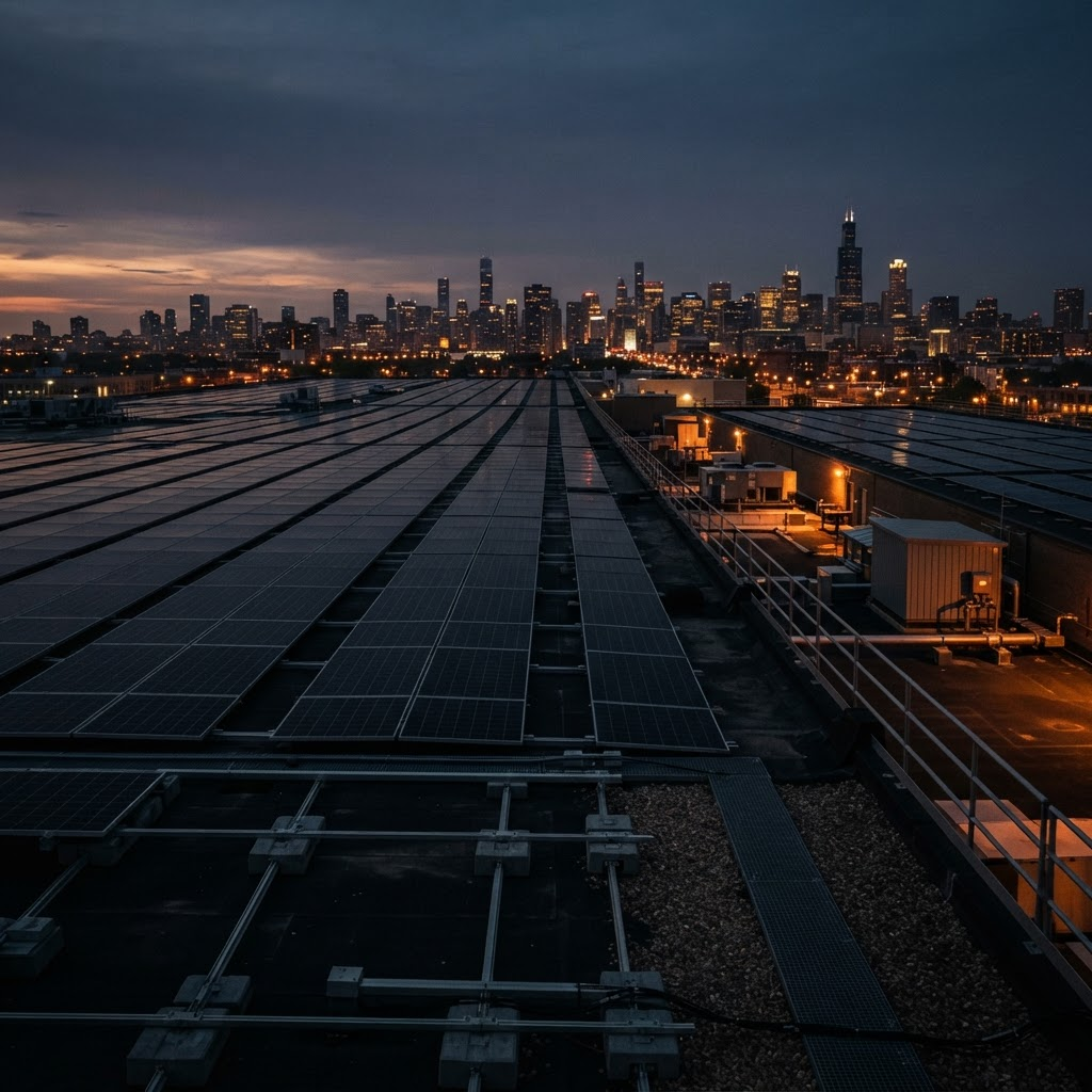 Rows of solar panels on a large commercial rooftop