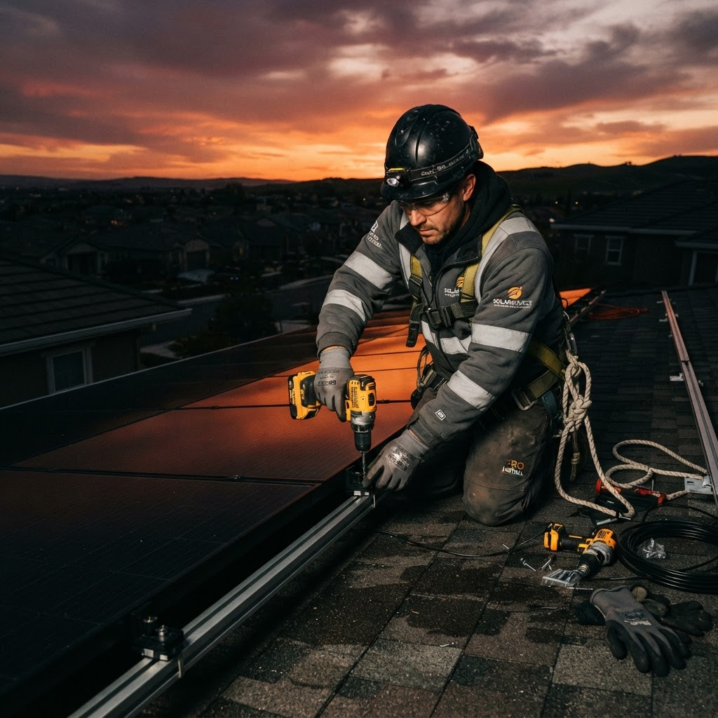 Installer fitting a solar panel on a roof
