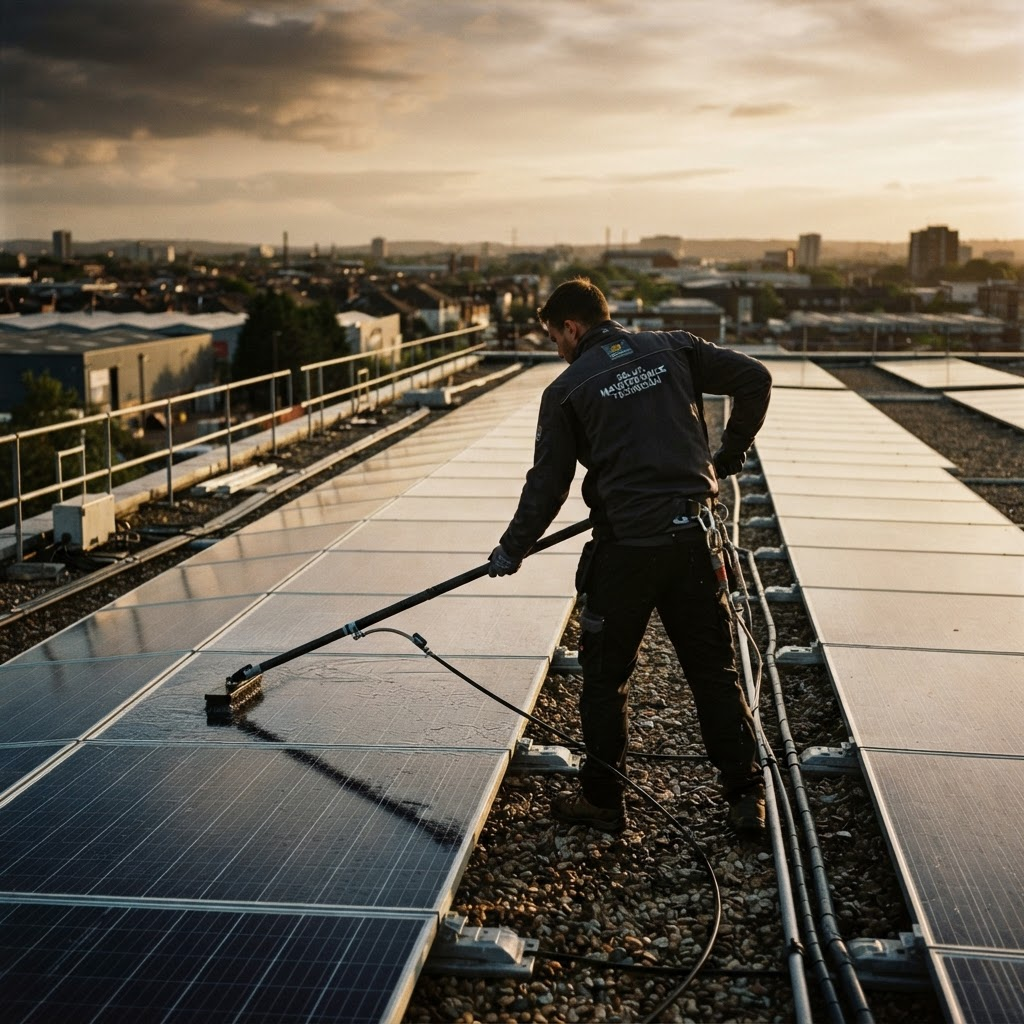 Technician cleaning solar panels on a roof